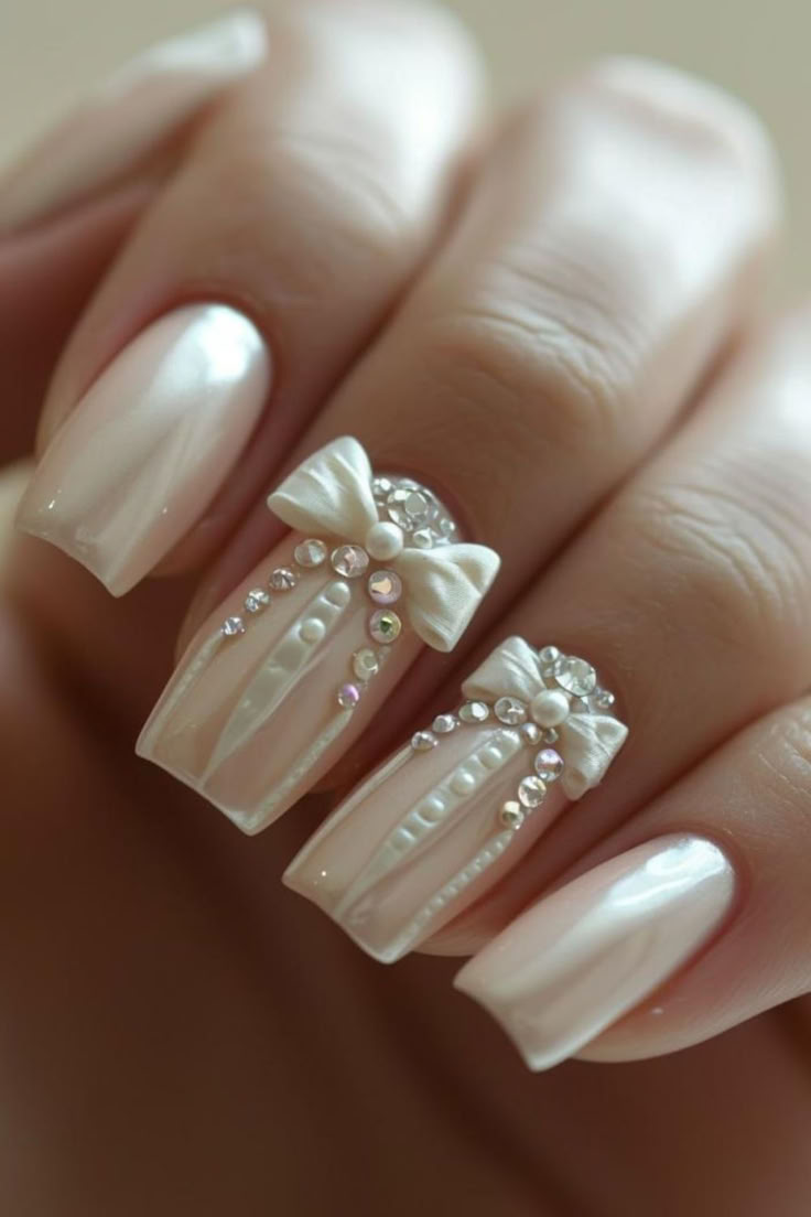 Feminine Ribbon Accent Bridal Nails